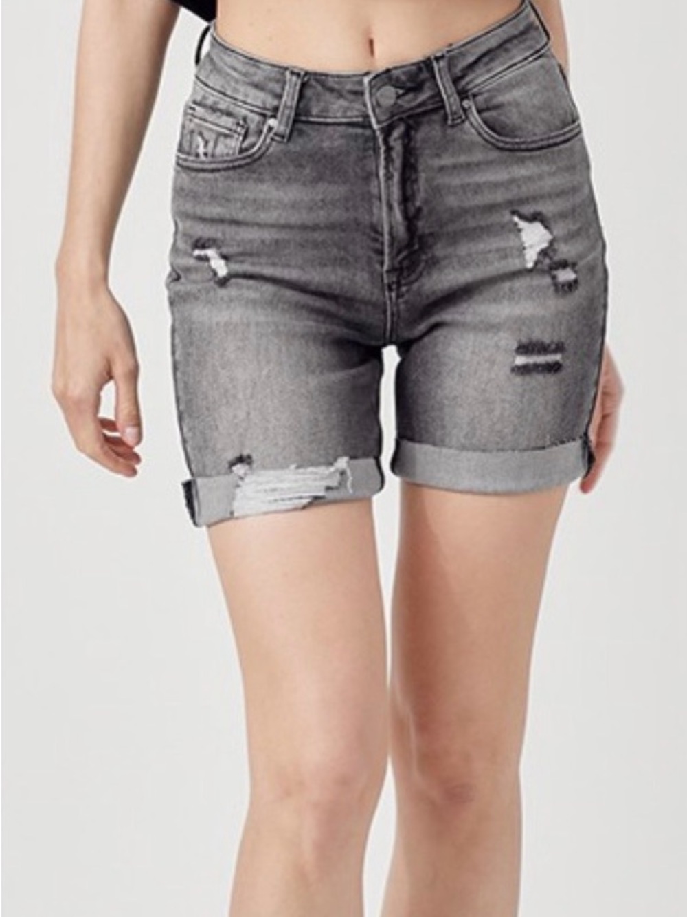 High-Rise Distressed Jean Shorts in Washed Gray